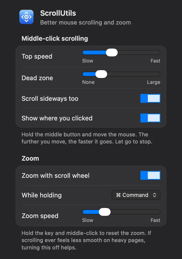 The ScrollUtils settings: top speed, dead zone, scroll sideways, show where you clicked, zoom with scroll wheel, the zoom key and zoom speed.